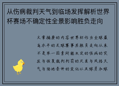 从伤病裁判天气到临场发挥解析世界杯赛场不确定性全景影响胜负走向 从伤病裁判天气到临场发挥解析世界杯赛场不确定性全景影响胜负走向