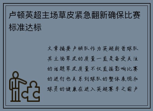 卢顿英超主场草皮紧急翻新确保比赛标准达标 卢顿英超主场草皮紧急翻新确保比赛标准达标